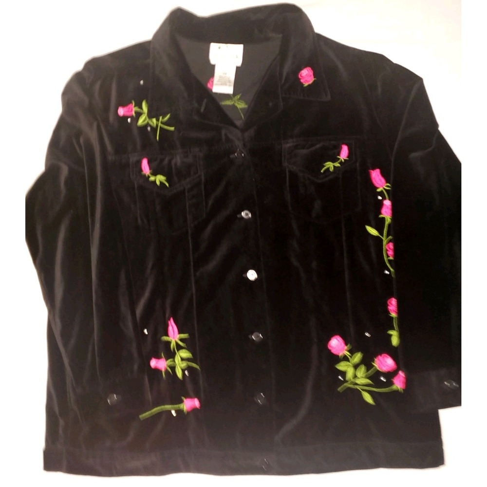 Quacker Factory Black Velvet Sparkle Jacket Embroidered Roses Plus Size 1X